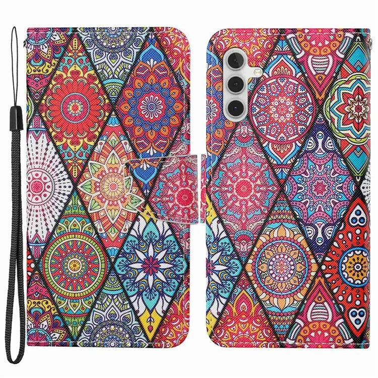 For Samsung Galaxy A14 5G / 4G Cross Texture PU Leather Flip Stand Case Wallet Phone Cover with Strap - Rhombus  /  Totem