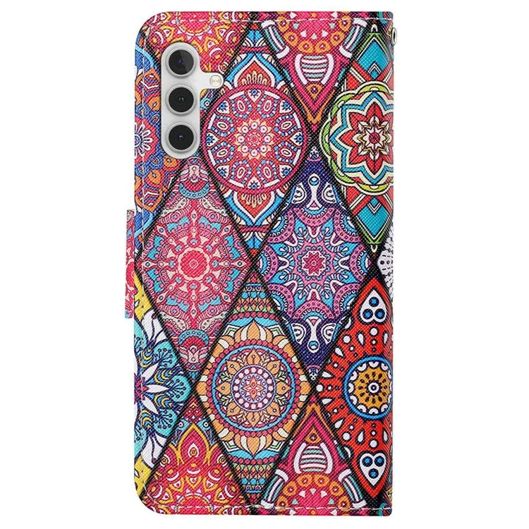 For Samsung Galaxy A14 5G / 4G Cross Texture PU Leather Flip Stand Case Wallet Phone Cover with Strap - Rhombus  /  Totem