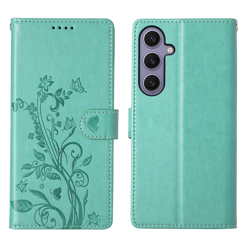 Funda tipo cartera para Samsung Galaxy S25+ con diseño de mariposas florales, de cuero sintético, con correa de muñeca - Verde