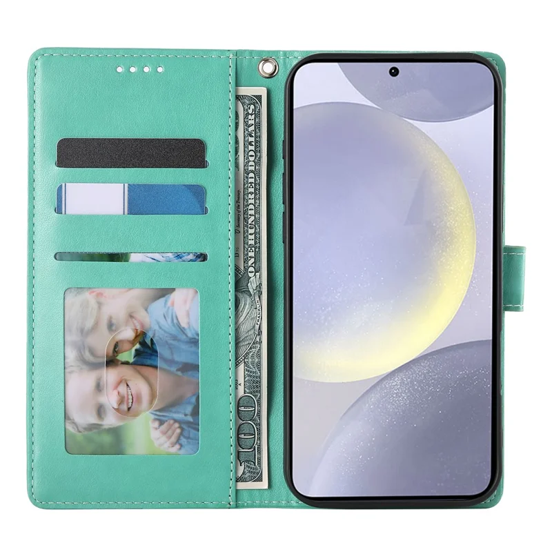 Funda tipo cartera para Samsung Galaxy S25+ con diseño de mariposas florales, de cuero sintético, con correa de muñeca - Verde