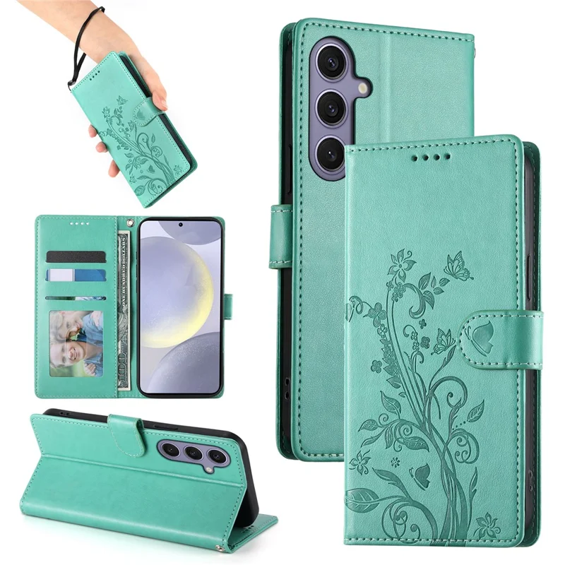 Funda tipo cartera para Samsung Galaxy S25+ con diseño de mariposas florales, de cuero sintético, con correa de muñeca - Verde