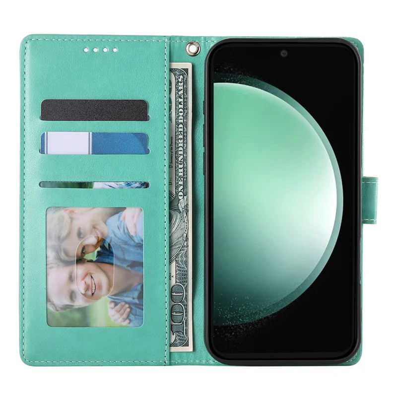 Funda tipo cartera para Samsung Galaxy S24 FE con estampado de mariposa y flores, de piel sintética (PU), con correa para la muñeca - Verde