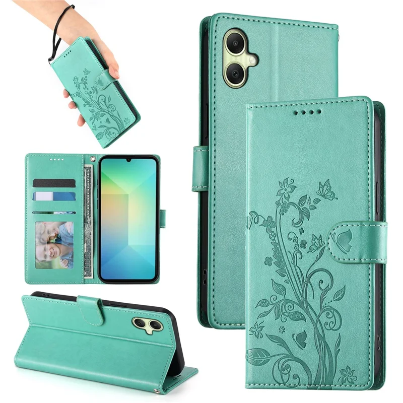 Funda tipo cartera para Samsung Galaxy A06 5G / 4G con estampado de mariposas y flores, de cuero sintético, con correa de muñeca - Verde