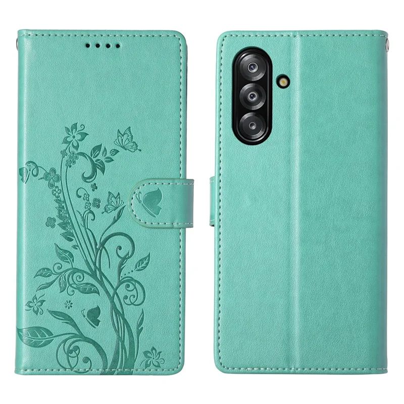 For Samsung Galaxy A26 5G Wallet Case Butterfly Floral Imprint PU Leather Phone Cover with Wrist Strap - Green
