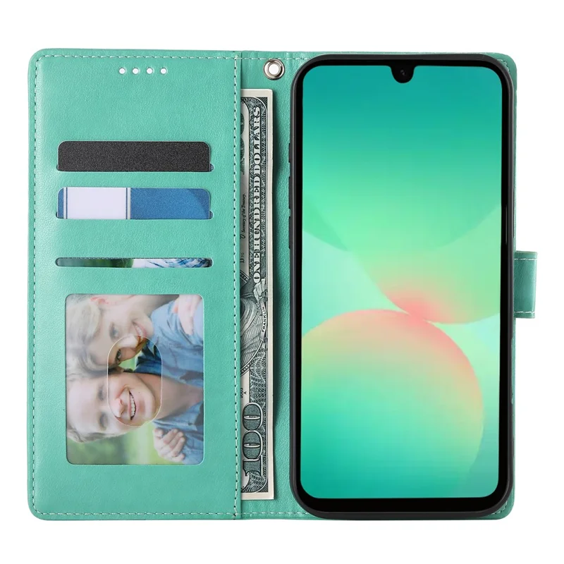 For Samsung Galaxy A26 5G Wallet Case Butterfly Floral Imprint PU Leather Phone Cover with Wrist Strap - Green