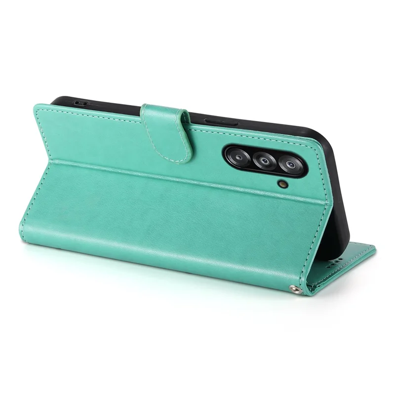 For Samsung Galaxy A26 5G Wallet Case Butterfly Floral Imprint PU Leather Phone Cover with Wrist Strap - Green
