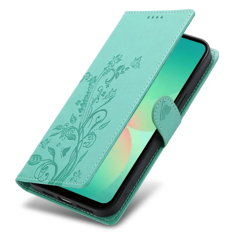 For Samsung Galaxy A26 5G Wallet Case Butterfly Floral Imprint PU Leather Phone Cover with Wrist Strap - Green