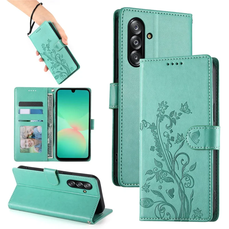 For Samsung Galaxy A26 5G Wallet Case Butterfly Floral Imprint PU Leather Phone Cover with Wrist Strap - Green