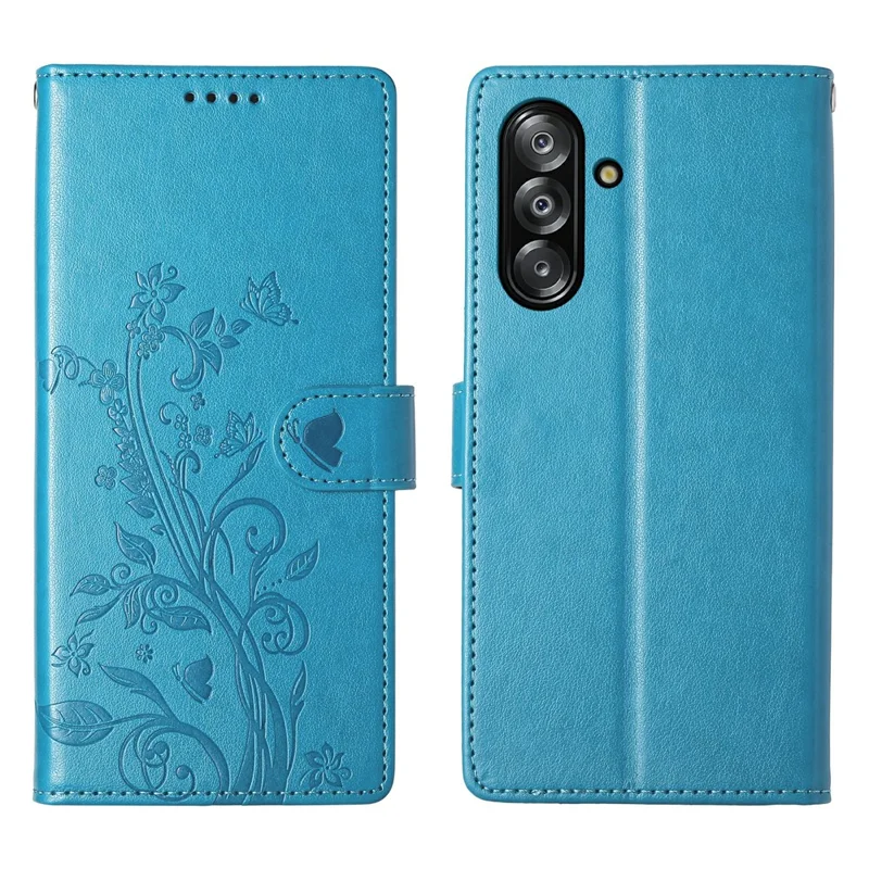 For Samsung Galaxy A26 5G Wallet Case Butterfly Floral Imprint PU Leather Phone Cover with Wrist Strap - Blue