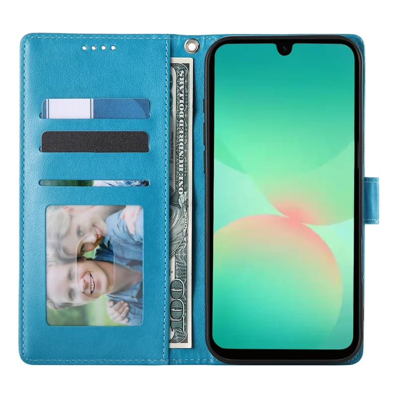 For Samsung Galaxy A26 5G Wallet Case Butterfly Floral Imprint PU Leather Phone Cover with Wrist Strap - Blue