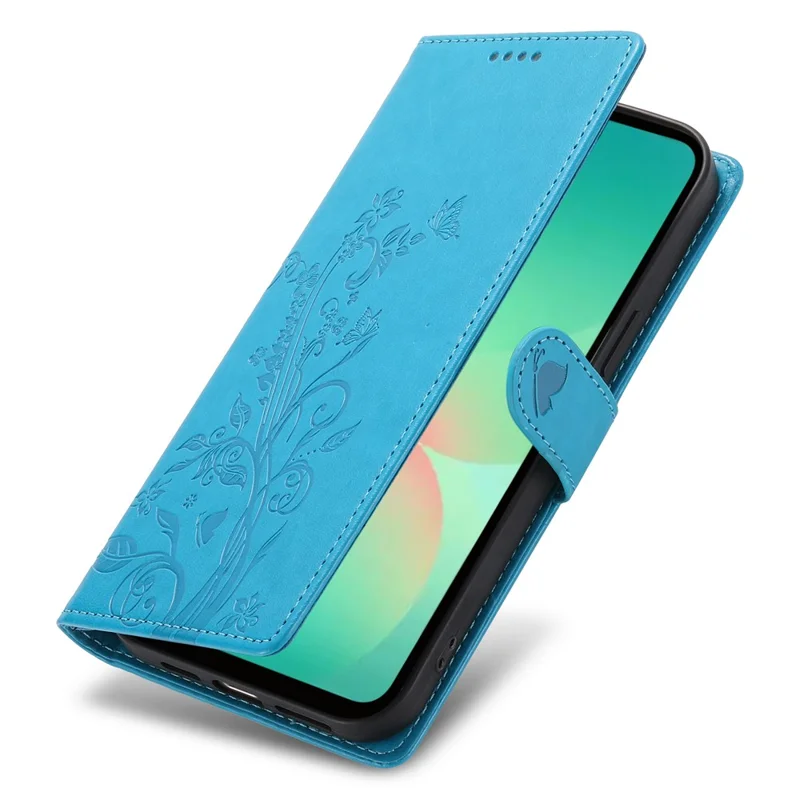 For Samsung Galaxy A26 5G Wallet Case Butterfly Floral Imprint PU Leather Phone Cover with Wrist Strap - Blue