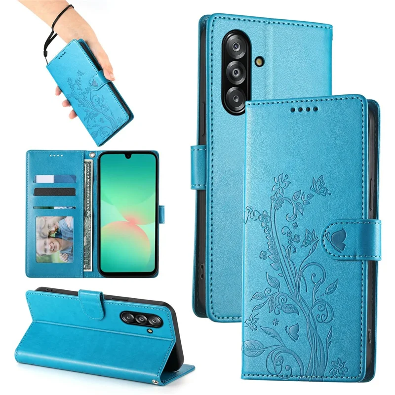 For Samsung Galaxy A26 5G Wallet Case Butterfly Floral Imprint PU Leather Phone Cover with Wrist Strap - Blue