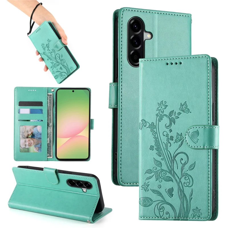 Funda tipo cartera para Samsung Galaxy A36 5G con diseño de mariposas florales, de piel sintética, con correa de muñeca - Verde