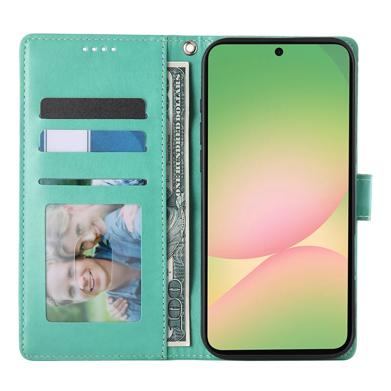 Funda tipo cartera para Samsung Galaxy A56 5G con diseño de mariposa floral, cubierta de teléfono de cuero sintético con correa de muñeca - Verde