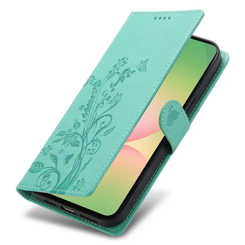 Funda tipo cartera para Samsung Galaxy A56 5G con diseño de mariposa floral, cubierta de teléfono de cuero sintético con correa de muñeca - Verde