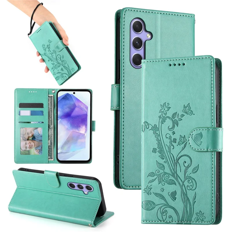 Per Samsung Galaxy A16 5G / 4G Cover a Portafoglio con Farfalle e Stampa Floreale in Pelle PU con Cinturino da Polso - Verde
