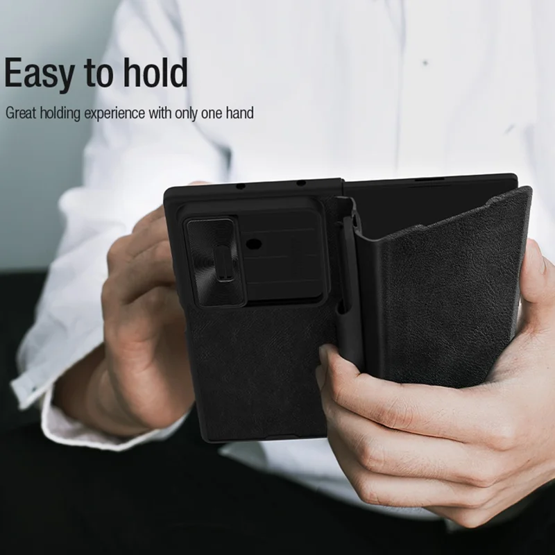 NILLKIN Qin Pro Series for Samsung Galaxy Z Fold7 5G Case with Card Slots Leather Phone Cover with Stylus - Black