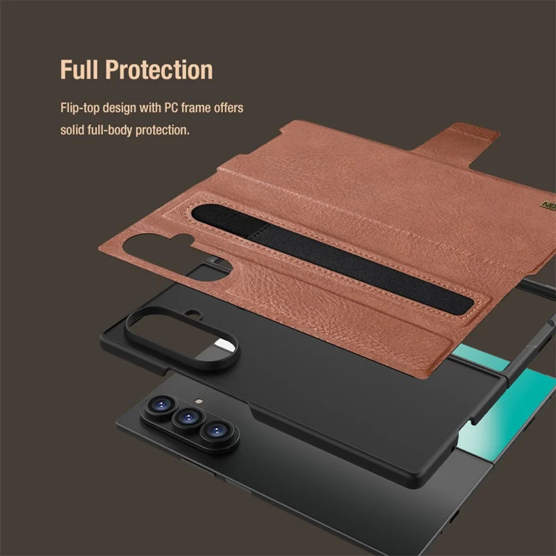 NILLKIN For Samsung Galaxy Z Fold7 5G Case PU + PC Stand Design Phone Cover with Card Slot - Brown