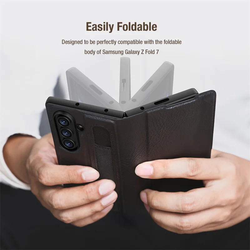 NILLKIN For Samsung Galaxy Z Fold7 5G Case PU + PC Stand Design Phone Cover with Card Slot - Brown