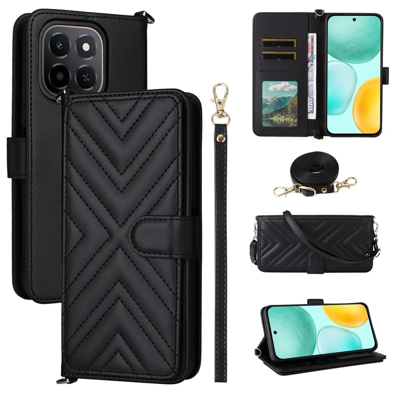 Étui For Honor X6c 4G avec Bandoulière / Dragonne en Cuir Support Portefeuille pour Téléphone - Noir