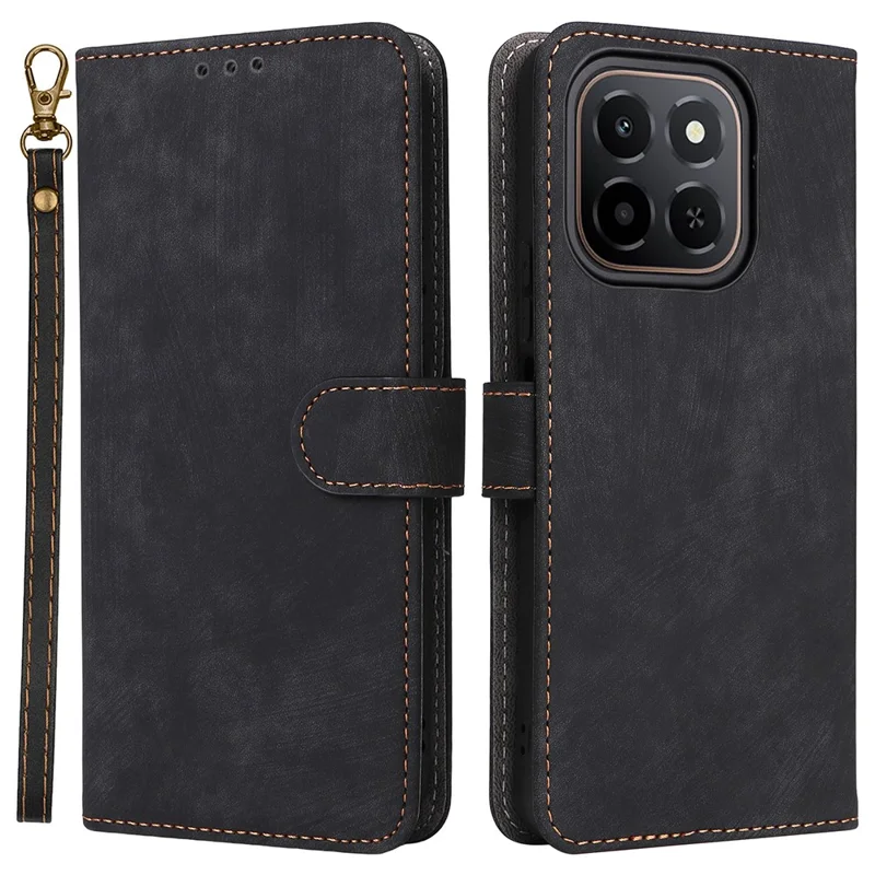 For Honor X6c 4G Case Wallet RFID Blocking PU Leather Phone Cover Stand with Strap - Black