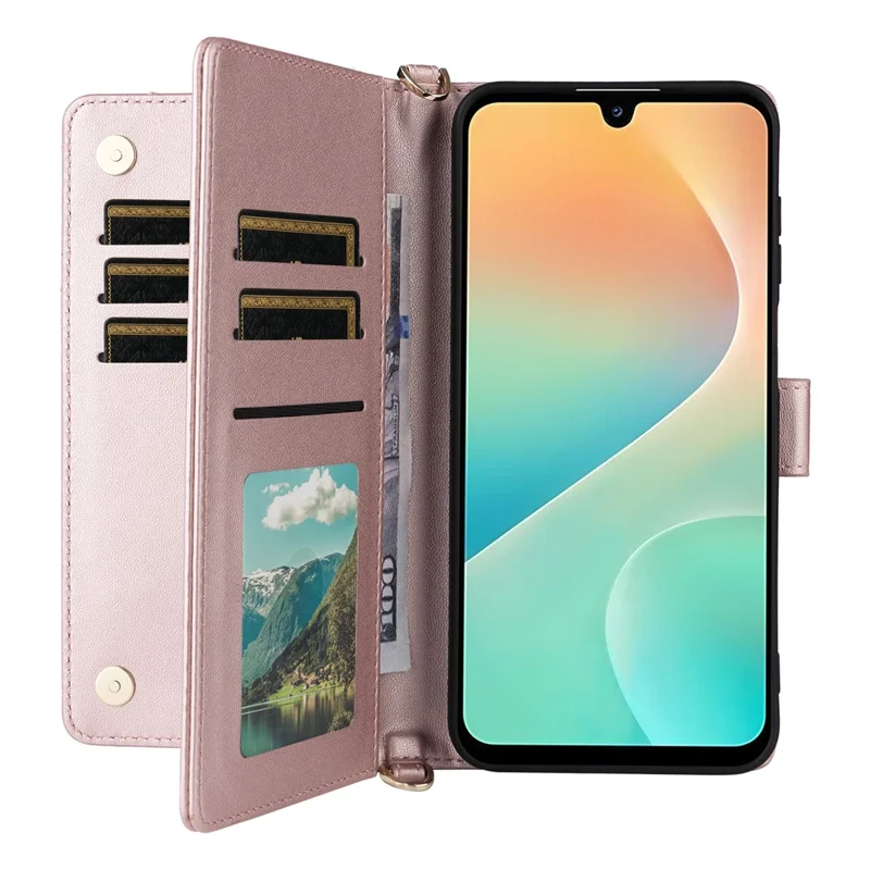 For Samsung Galaxy M36 5G Case with Shoulder / Wrist Strap Leather Phone Cover Stand Wallet - Pink