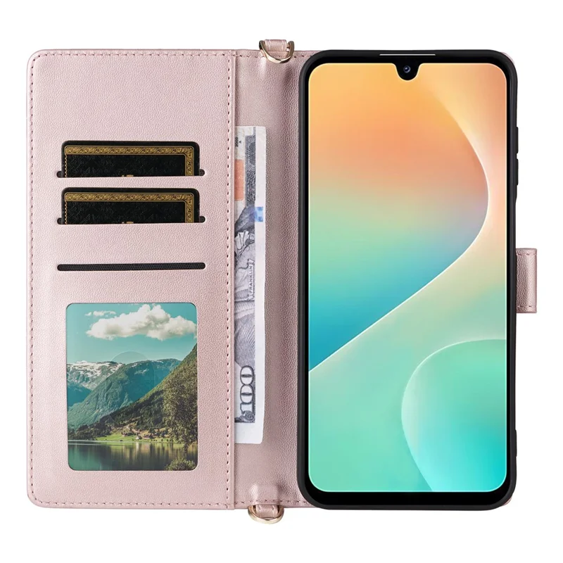 For Samsung Galaxy M36 5G Case with Shoulder / Wrist Strap Leather Phone Cover Stand Wallet - Pink