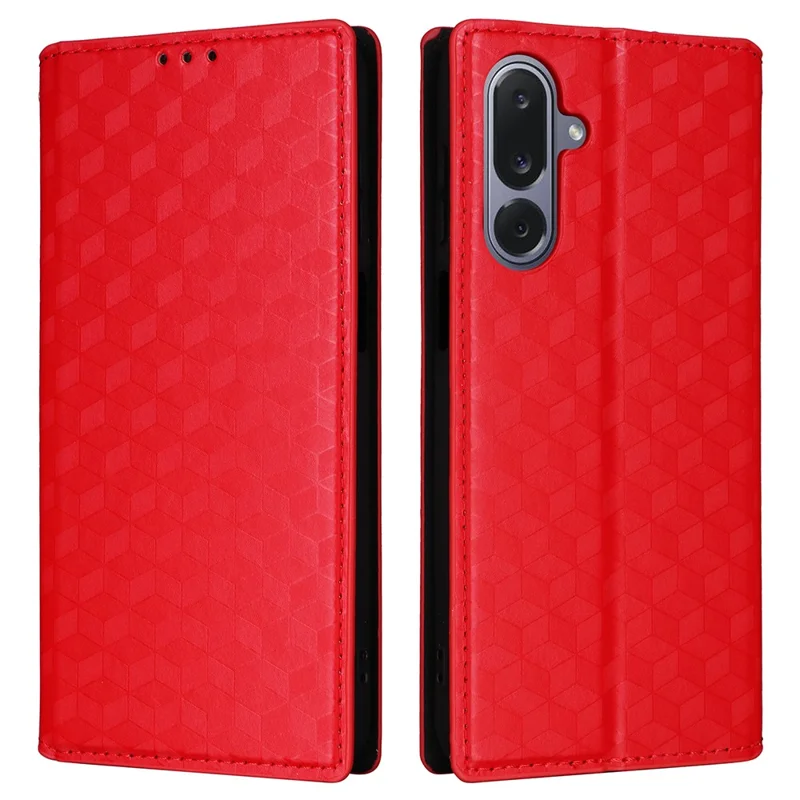For Samsung Galaxy M36 5G Case Wallet Rhombus Imprinted Leather Phone Cover - Red