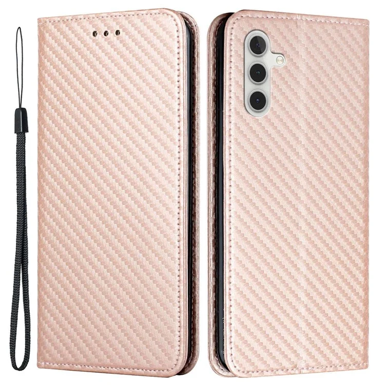 For Samsung Galaxy A14 5G / 4G Carbon Fiber Texture PU Leather Wallet Case Stand Phone Cover with Wrist Strap - Rose Gold