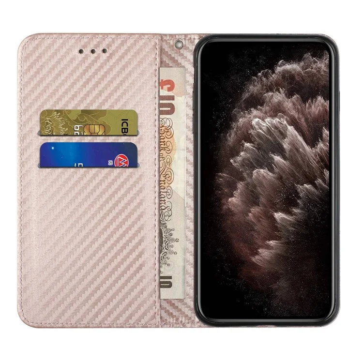 For Samsung Galaxy A14 5G / 4G Carbon Fiber Texture PU Leather Wallet Case Stand Phone Cover with Wrist Strap - Rose Gold