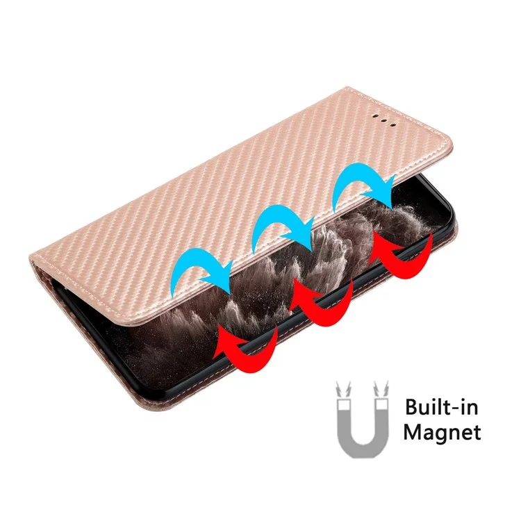 For Samsung Galaxy A14 5G / 4G Carbon Fiber Texture PU Leather Wallet Case Stand Phone Cover with Wrist Strap - Rose Gold