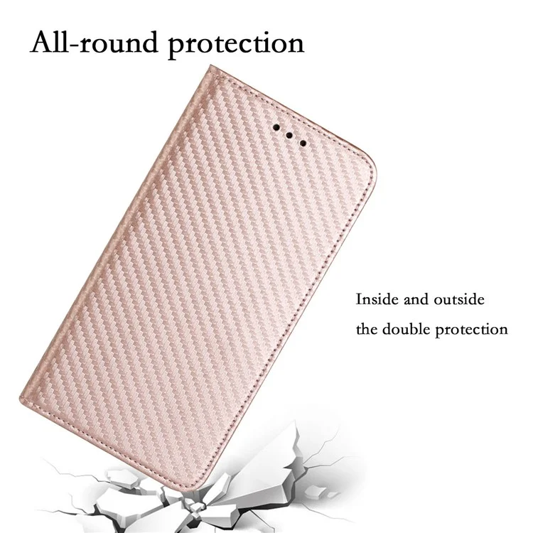 For Samsung Galaxy A14 5G / 4G Carbon Fiber Texture PU Leather Wallet Case Stand Phone Cover with Wrist Strap - Rose Gold