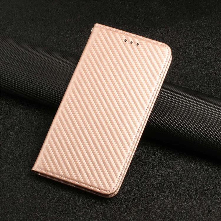 For Samsung Galaxy A14 5G / 4G Carbon Fiber Texture PU Leather Wallet Case Stand Phone Cover with Wrist Strap - Rose Gold