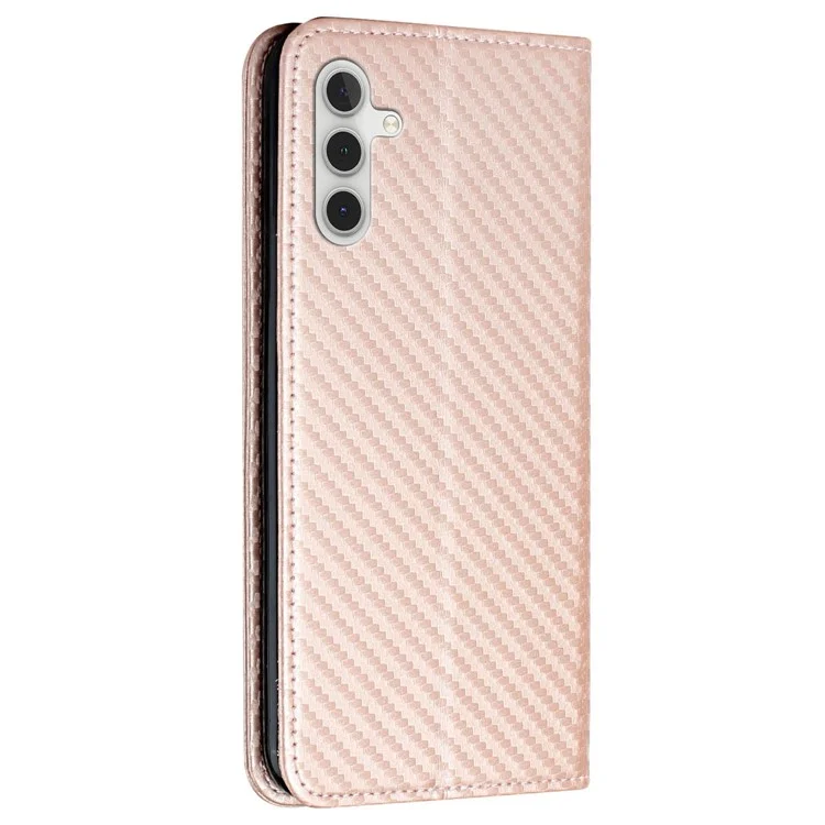 For Samsung Galaxy A14 5G / 4G Carbon Fiber Texture PU Leather Wallet Case Stand Phone Cover with Wrist Strap - Rose Gold