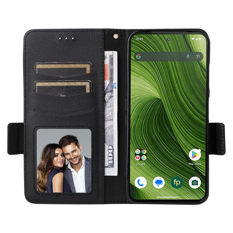 Für Fairphone 6 Hülle mit Handschlaufe Litschi-Textur PU-Leder Brieftasche Handyhülle - Schwarz