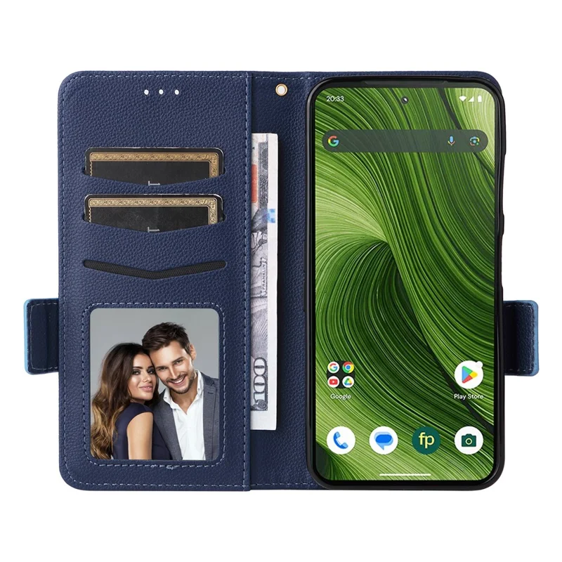 For Fairphone 6 Case with Wrist Strap Litchi Texture PU Leather Wallet Phone Cover - Dark Blue