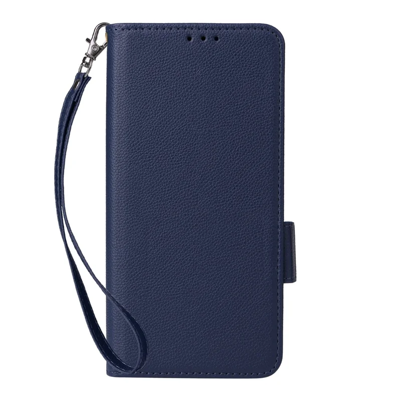 For Fairphone 6 Case with Wrist Strap Litchi Texture PU Leather Wallet Phone Cover - Dark Blue