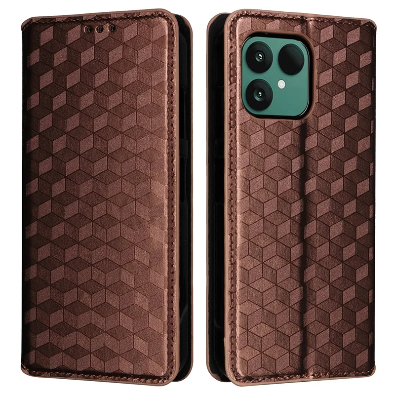 For Fairphone 6 Case Wallet Rhombus Imprinted Leather Phone Cover - Brown