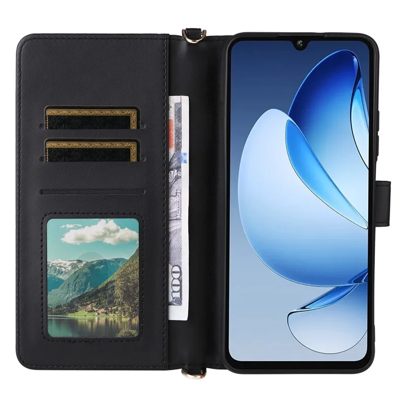 Чехол для Oukitel C60 / C60 Pro с ремешком на плечо / запястье, кожаный чехол-подставка для телефона с отделением для карт - Черный