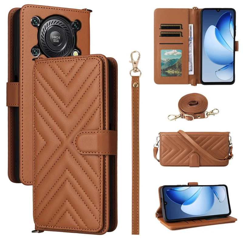 Pour Oukitel C60 / C60 Pro Étui avec Bandoulière / Dragonne en Cuir Support de Téléphone Portefeuille - Marron