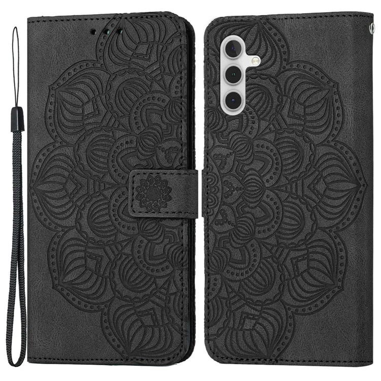 Per Samsung Galaxy A14 5G / 4G Custodia Wallet Impresso Fiore Mandala PU Pelle Morbido TPU Folio Flip Cover con Cinturino - Nero