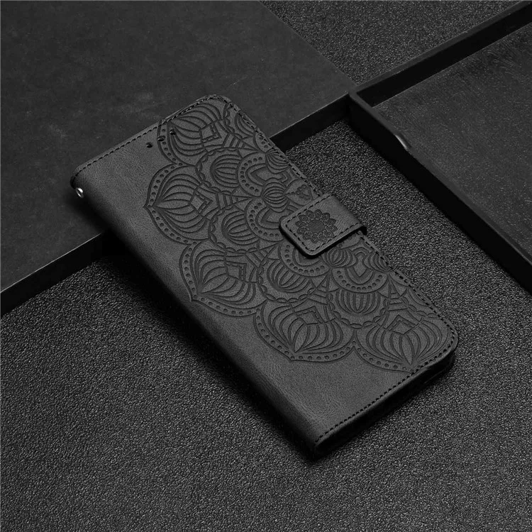 Per Samsung Galaxy A14 5G / 4G Custodia Wallet Impresso Fiore Mandala PU Pelle Morbido TPU Folio Flip Cover con Cinturino - Nero