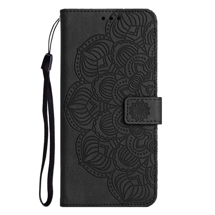 Per Samsung Galaxy A14 5G / 4G Custodia Wallet Impresso Fiore Mandala PU Pelle Morbido TPU Folio Flip Cover con Cinturino - Nero