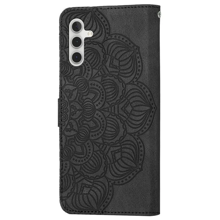 Per Samsung Galaxy A14 5G / 4G Custodia Wallet Impresso Fiore Mandala PU Pelle Morbido TPU Folio Flip Cover con Cinturino - Nero