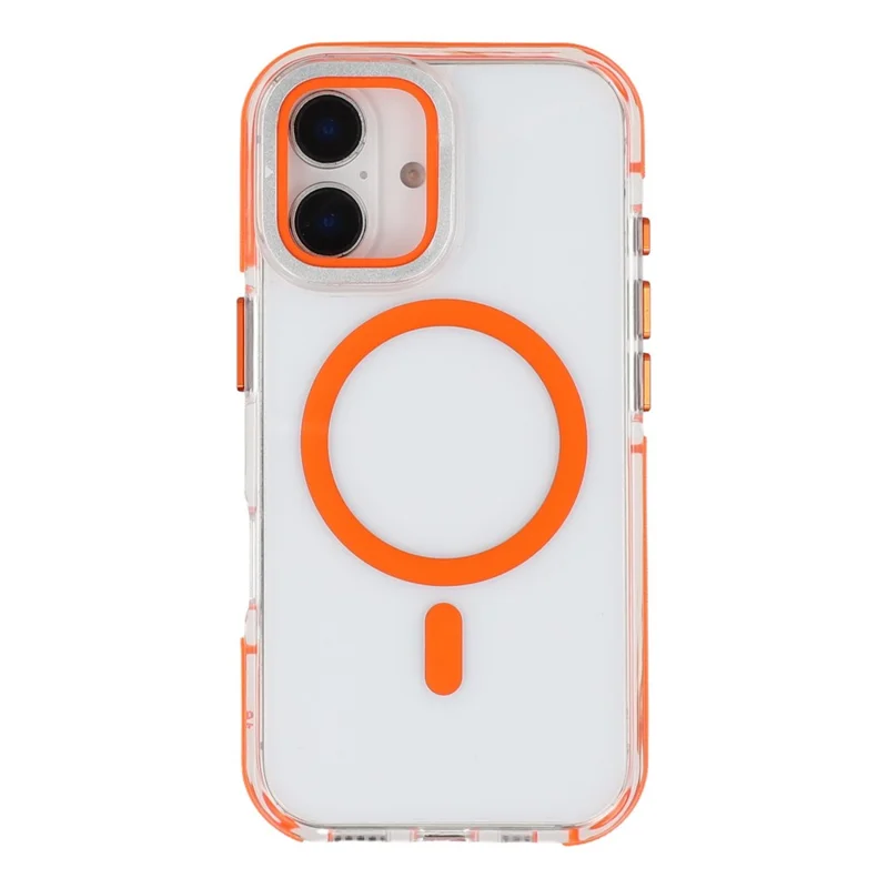For iPhone 16 Magnetic Case TPU Acrylic Clear Phone Back Cover with Lens Protector Kickstand - Orange