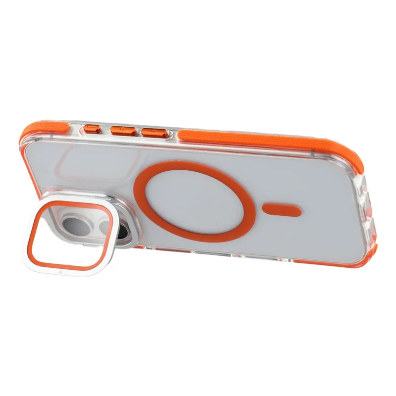 For iPhone 16 Magnetic Case TPU Acrylic Clear Phone Back Cover with Lens Protector Kickstand - Orange