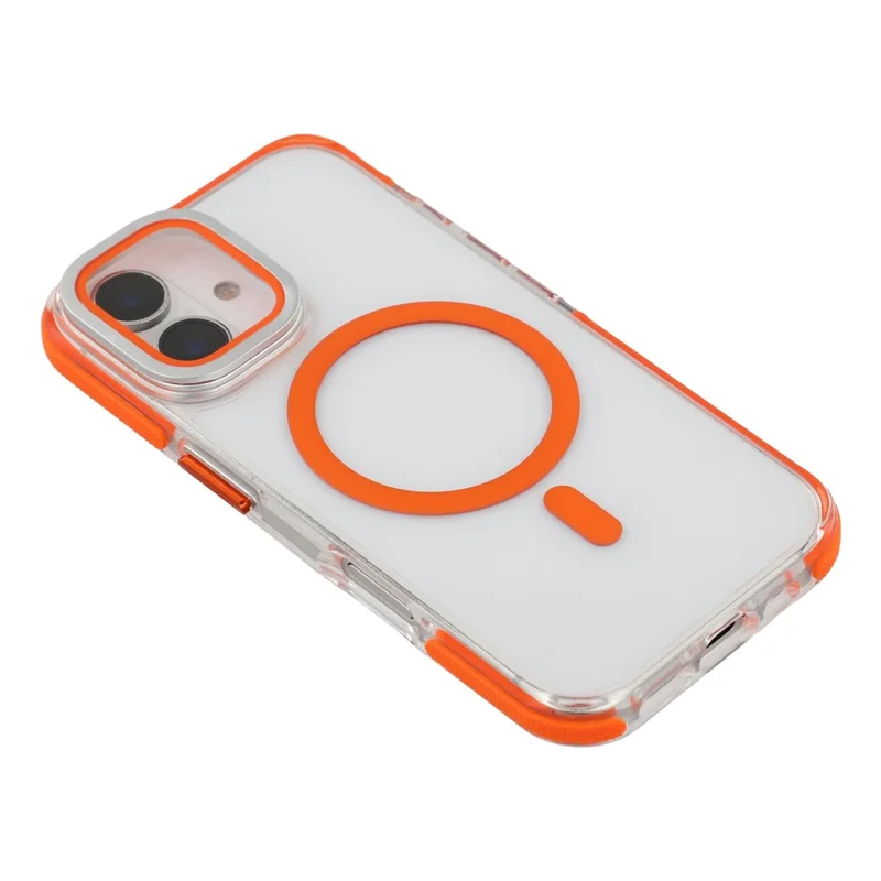 For iPhone 16 Magnetic Case TPU Acrylic Clear Phone Back Cover with Lens Protector Kickstand - Orange