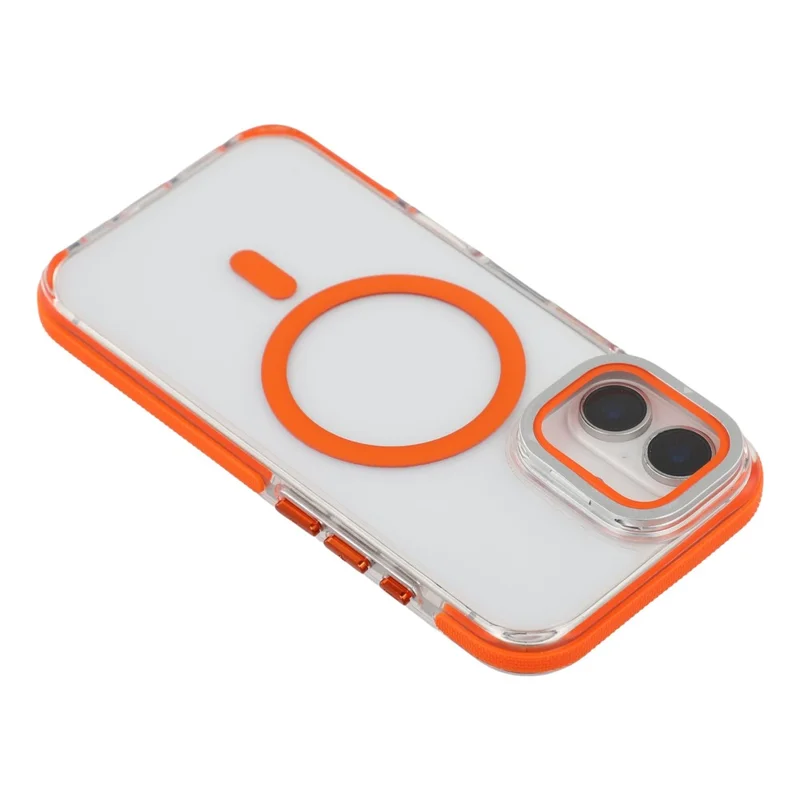 For iPhone 16 Magnetic Case TPU Acrylic Clear Phone Back Cover with Lens Protector Kickstand - Orange