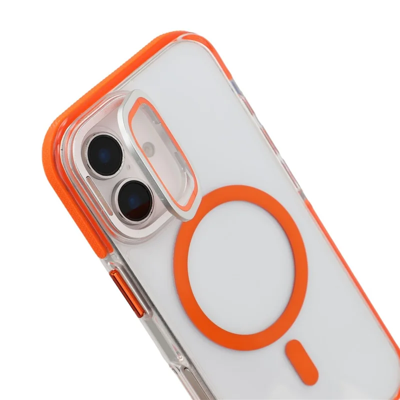 For iPhone 16 Magnetic Case TPU Acrylic Clear Phone Back Cover with Lens Protector Kickstand - Orange