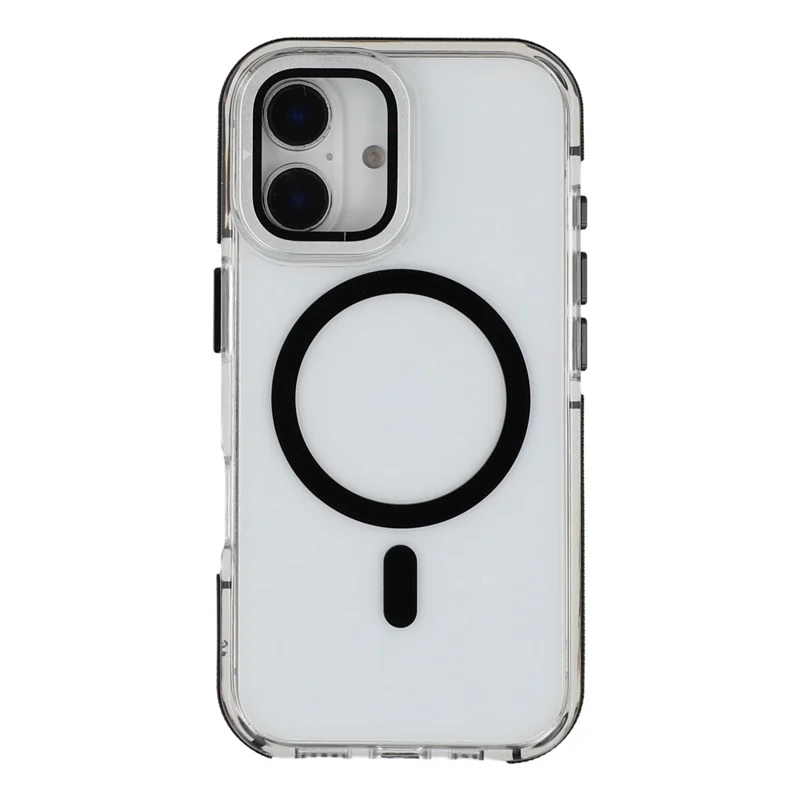 For iPhone 16 Plus Magnetic Case TPU Acrylic Clear Phone Back Cover with Lens Protector Kickstand - Black
